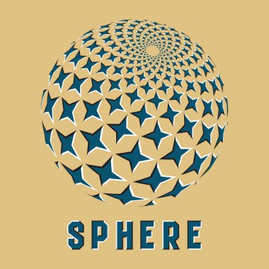 Hareket yanılsamaetkisi ile soyut küre logo sembolü. Hareketli dört köşeli yıldız şekilleri ile mavi küre amblemi.