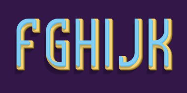 F, G, H, I, J, K mavi sarı hacimsel harfler. Kentsel 3d yazı tipi.