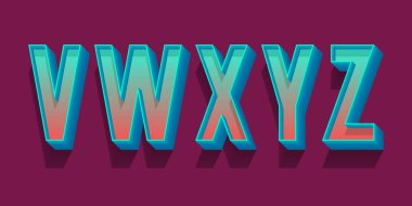 V, W, X, Y, Z hacimsel mavi kırmızı harfler. Kentsel 3d retro yazı tipi.