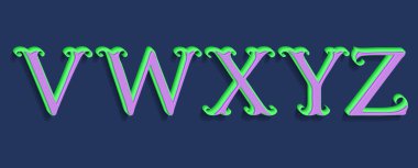 V, W, X, Y, Z yeşil mor hacimsel harfler. Vintage 3d yazı tipi.