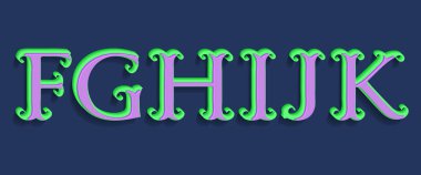 F, G, H, I, J, K yeşil mor hacimsel harfler. Vintage 3d yazı tipi