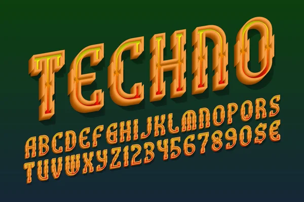 Letras Techno com números e sinais de moeda. Urban orange 3d font. Alfabeto inglês isolado . —  Vetores de Stock