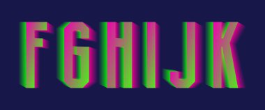 F, G, H, I, J, K yeşil pembe bulanık harfler. Heyecan verici canlı yazı tipi.