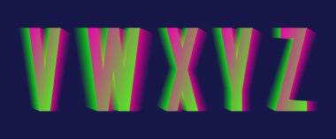 V, W, X, Y, Z yeşil pembe bulanık harfler. Heyecan verici canlı yazı tipi