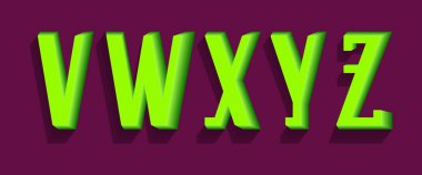 V, W, X, Y, Z parlak yeşil harfler. Kentsel 3d yazı tipi.