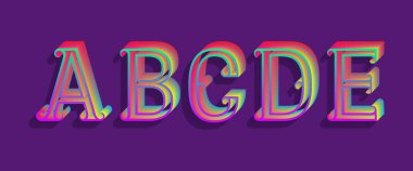 A, B, C, D, E yanardöner harfler. Vintage 3d yazı tipi.