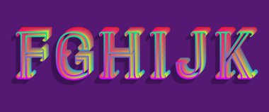 F, G, H, I, J, K yanardöner harfler. Vintage 3d yazı tipi.