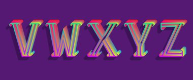 V, W, X, Y, Z yanardöner harfler. Vintage 3d yazı tipi.
