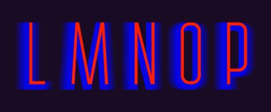 L; M; N; O; P kırmızı mavi katmanlı harfler. Kentsel canlı yazı tipi.