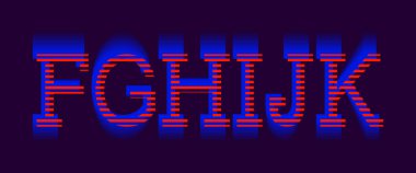 F, G, H, I, J, K canlı harfler. Kırmızı mavi elektrik yazı tipi.