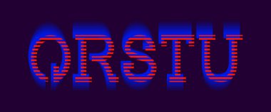 Q, R, S, T, U canlı harfler. Kırmızı mavi elektrik yazı tipi.