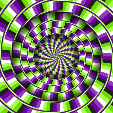 Abstract round frame with a rotating purple green broken stripes pattern. Optical illusion hypnotic background. clipart