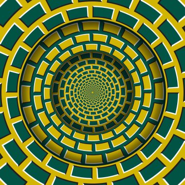 Abstract round frame with a moving yellow green brickwork pattern. Optical illusion hypnotic background. clipart