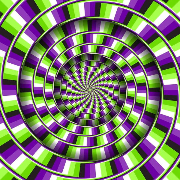 Marco redondo abstracto con un patrón de rayas rotas verde púrpura giratorio. Ilusión óptica fondo hipnótico . — Vector de stock