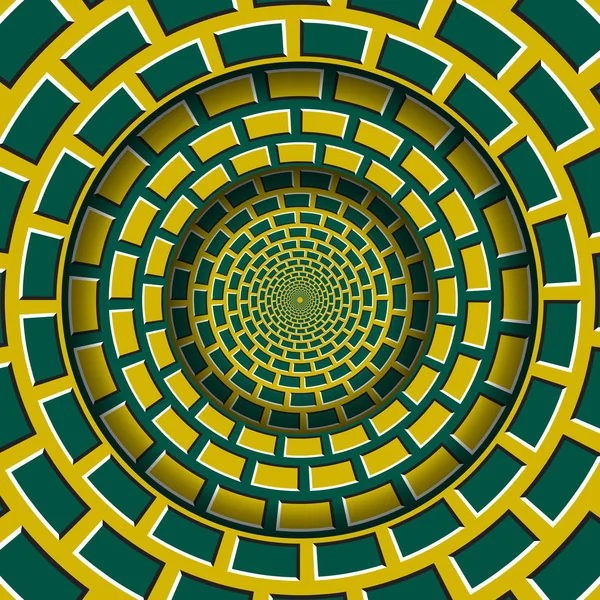 Abstract round frame with a moving yellow green brickwork pattern. Optical illusion hypnotic background. — Stock Vector