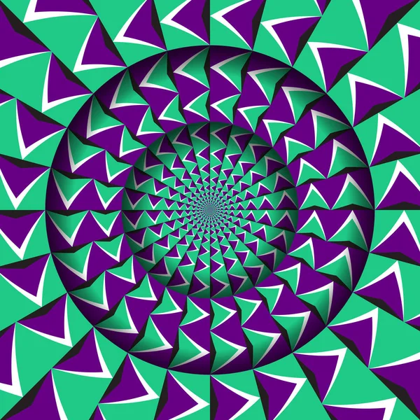 Abstract round frame with a moving green purple arrows pattern. Optical illusion hypnotic background. — Stock Vector