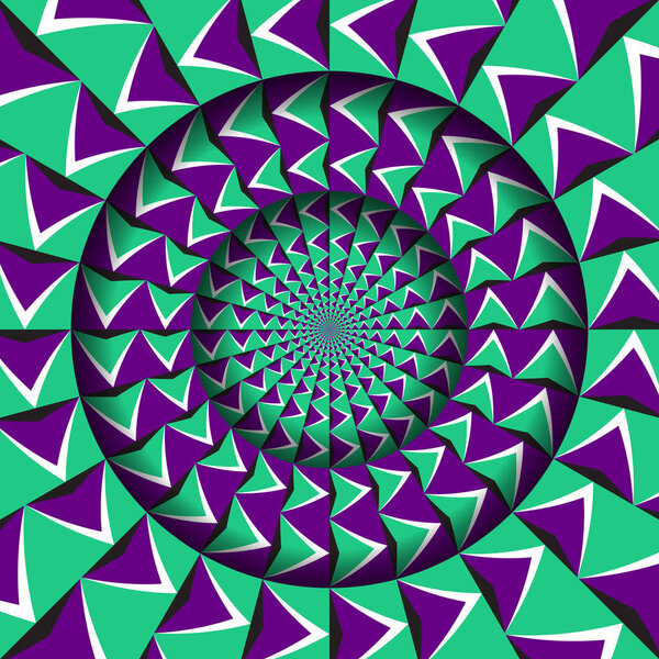Abstract round frame with a moving green purple arrows pattern. Optical illusion hypnotic background.