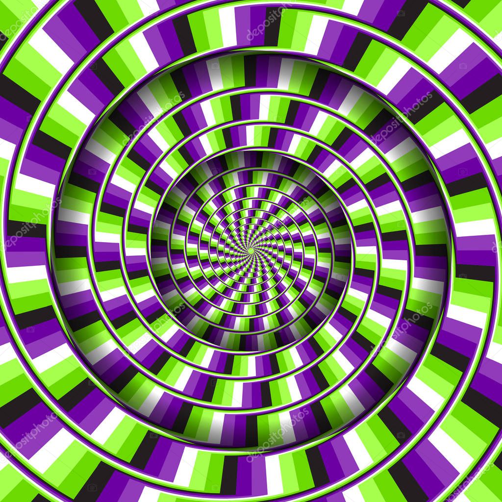 Abstract round frame with a rotating purple green broken stripes pattern. Optical illusion hypnotic background.