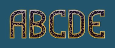 A, B, C, D, E lüks desenli harfler. Altın vintage süs yazı tipi.