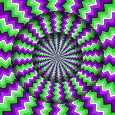 Dönen yeşil mor zikzak desenli soyut yuvarlak çerçeve. Optik illüzyon hipnotik arka plan.