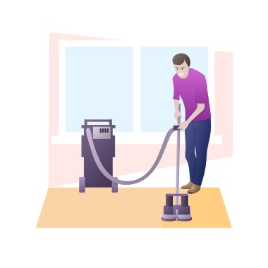 Adam profesyonel ekipmanlarla halıyı temizler. Ev Geliştirme Halı Temizleme konsepti.