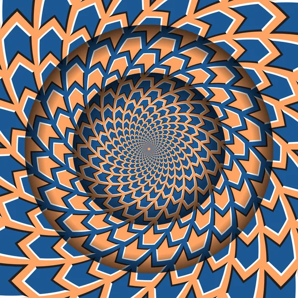 Marco redondo abstracto con un patrón de flechas anaranjadas azules giratorias. Ilusión óptica fondo hipnótico . — Archivo Imágenes Vectoriales