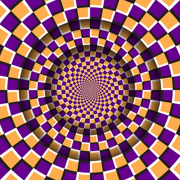 Cadre rond abstrait avec un motif à carreaux orange violet en mouvement. Illusion optique fond hypnotique . — Image vectorielle