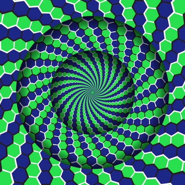 移動緑色の青い六角形のスパイラルパターンを持つ抽象的な丸いフレーム。錯視催眠背景. — ストックベクタ