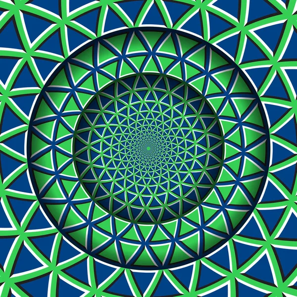 움직이는 파란색 녹색 삼각형 패턴이 있는 추상적인 원형 프레임입니다. 착시 최면 배경. — 스톡 벡터