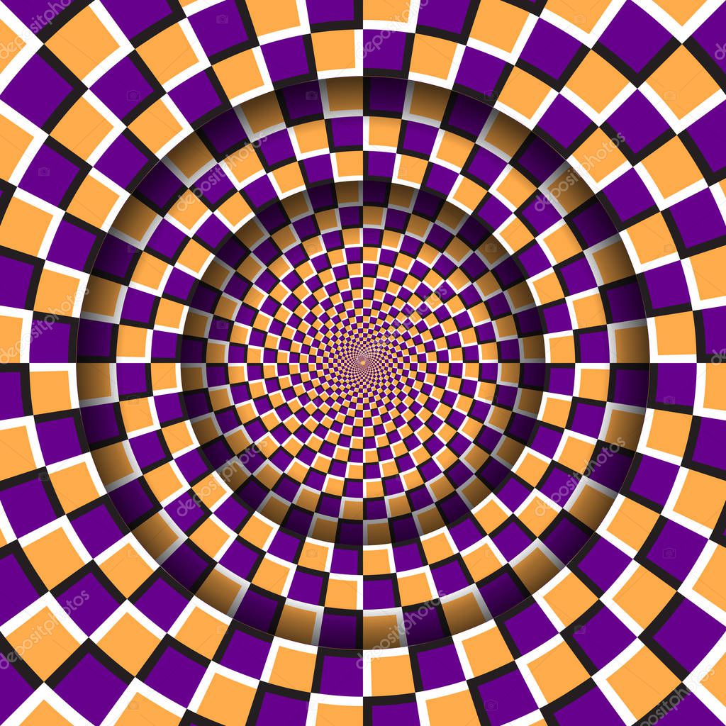 Abstract round frame with a moving orange purple checkered pattern. Optical illusion hypnotic background.