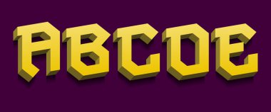 A, B, C, D, E sarı 3d harfler. Kalın hacimsel yazı tipi.