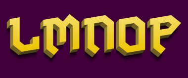 L, M, N, O, P sarı 3d harfler. Kalın hacimsel yazı tipi.