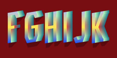 F, G, H, I, J, K kristal ışıklı harfler. 3d stilize yazı tipi.