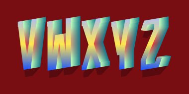 V, W, X, Y, Z kristal ışıklı harfler. 3d stilize yazı tipi.