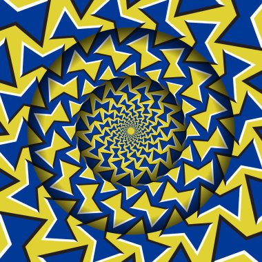 Abstract round frame with a moving blue yellow bow shapes patter. Optical illusion hypnotic background. clipart
