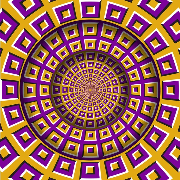 Quadro redondo abstrato com um padrão de quadrados roxos amarelos em movimento. Ilusão óptica fundo hipnótico . —  Vetores de Stock