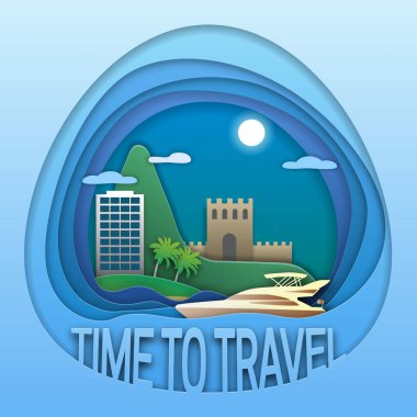 Seyahat kavramı nın zamanı. Denizde motor yat, otel, palmiye ağaçları ve dağlarda kule ile antik kale. Turist etiketi illüstrasyon.