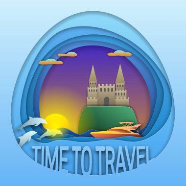 Zaman amblem tasarımı seyahat etmek. Denizde motor yat, adada yunuslar ve kale ile gün batımı. Kağıt kesim stilinde turist etiketi illüstrasyonu.