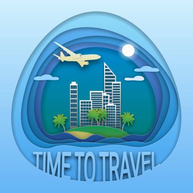 Zaman amblem tasarımı seyahat etmek. Adada Deniz tatil kasabası, gökyüzünde deniz ve yolcu uçağı. Turist etiketi illüstrasyon.
