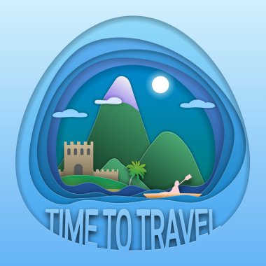 Zaman amblem tasarımı seyahat etmek. Antik kale, dağlar, karlı tepe ve kano denizde. Turist etiketi illüstrasyon.