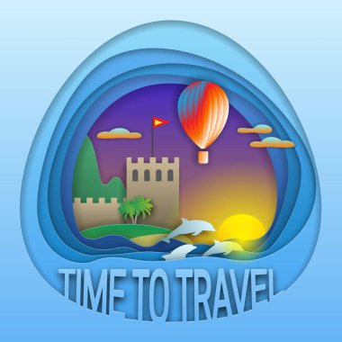 Seyahat amblemi zamanı. Sıcak hava balonu, yunuslar ve kuleli antik kale ile gün batımı. Kağıt kesim stilinde turist etiketi illüstrasyonu.