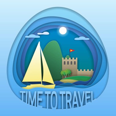Zaman amblem şablonu seyahat etmek. Denizde yelkenli yat, palmiye ağaçları ve kuleli antik kale. Kağıt kesim stilinde turist etiketi illüstrasyonu.