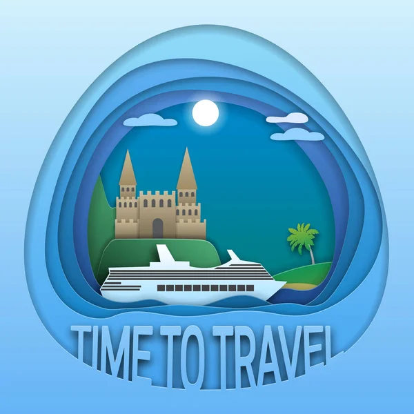 Zaman amblem tasarımı seyahat etmek. Denizde Yolcu gemisi, dağda kale ve palmiye ağacı ile plaj. Kağıt kesim stilinde turist etiketi illüstrasyonu.