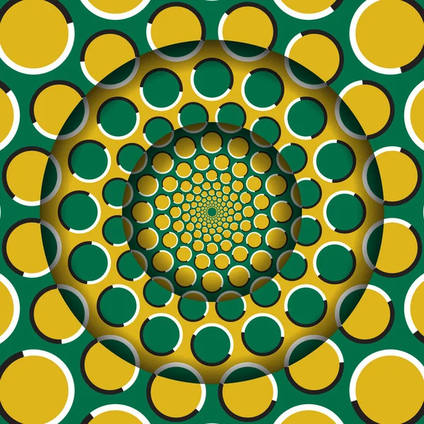 Hareketli sarı yeşil daireler desenli soyut yuvarlak çerçeve. Optik illüzyon hipnotik arka plan. — Stok Vektör