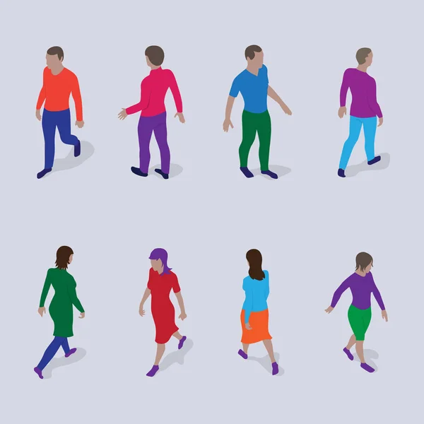 Biyometrik insanlar ayarlanır. Modern kıyafetler içinde yürüyen kadın ve erkek.