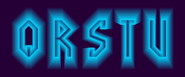 Q, R, S, T, mavi neon parıltılı U harfleri. Parlak hacimsel yazı tipi.