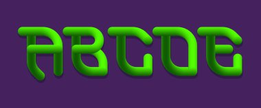 A, B, C, D, E yeşil gradyan 3D harfler. Parlak esnek yazı tipi.