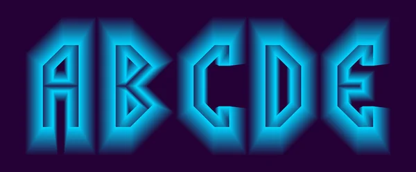 Lettres A, B, C, D, E avec une lueur néon bleue. Fonte volumétrique lumineuse . — Image vectorielle