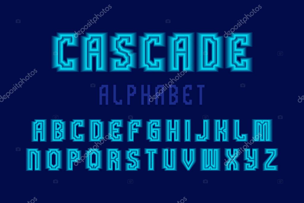 Cascade alphabet with blue neon glow. Luminous 3d font. Isolated english alphabet.