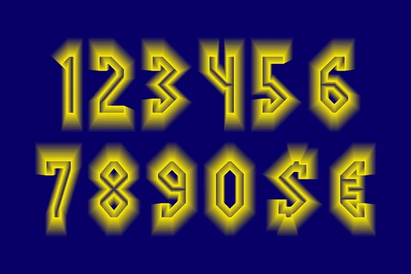 Stralende getallen en munttekens met gele neon gloed. — Stockvector